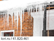 Carefully. Danger. Beautiful sharp icicles and snow hang from the eaves of the roof. Transparent icicles slide across the roof. (2023 год). Стоковое фото, фотограф Photojuli / Фотобанк Лори