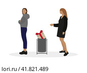 Два женских персонажа и подарочная коробка с красным бантом в мусорном ведре на белом фоне. Стоковая иллюстрация, иллюстратор Карпенко Алексей / Фотобанк Лори