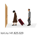 Женщина с чемоданом идет к двери, а мужчина смотрит на нее на белом фоне. Стоковая иллюстрация, иллюстратор Карпенко Алексей / Фотобанк Лори