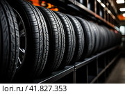 New summer tires for cars in stock. Generated by AI. Стоковое AI-изображение, AI-художник Ярославский Максим / Фотобанк Лори