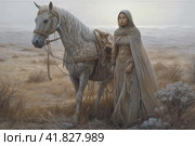 Girl with a horse in the steppe against the background of a house  Generative AI. Стоковое AI-изображение, AI-художник Анна Кривицкая / Фотобанк Лори