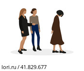 Two female characters look at the leaving sad female character on a white background. Стоковая иллюстрация, иллюстратор Карпенко Алексей / Фотобанк Лори