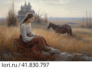 Girl with a horse in the steppe against the background of a house  Generative AI. Стоковое AI-изображение, AI-художник Анна Кривицкая / Фотобанк Лори