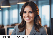 Portrait of attractive cheerful brown lob haired girl leader partner top director startup developer in modern office. Close up of smiling young adult girl with blurred open space background.. AI. Стоковое AI-изображение, AI-художник Sergey Grishin / Фотобанк Лори