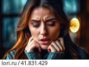 Tonsillitis and angina concept. Sick woman with closed eyes touching her sore throat. Unhealthy female with painful feelings in neck feels discomfort, hard to swallow, irritation or loss of voice. AI. Стоковое AI-изображение, AI-художник Sergey Grishin / Фотобанк Лори