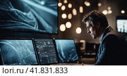 Talented Young male Professional Working in a Technological Research and Development Agency. Computer Screens with Software Code and Technical Neural Network Diagrams. Multiscreen set up. AI. Стоковое AI-изображение, AI-художник Sergey Grishin / Фотобанк Лори