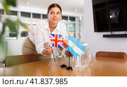 Young lady sets miniatures flags of Argentina and Great Britain for international negotiations. Стоковое фото, фотограф Яков Филимонов / Фотобанк Лори