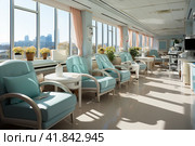 Hospital corridor with blue chairs  Generative AI. Стоковое AI-изображение, AI-художник Анна Кривицкая / Фотобанк Лори
