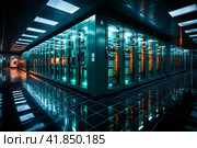Working data center interior  Generative AI. Стоковое AI-изображение, AI-художник Анна Кривицкая / Фотобанк Лори