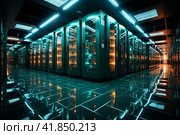 Working data center interior  Generative AI. Стоковое AI-изображение, AI-художник Анна Кривицкая / Фотобанк Лори