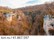 Forested mountains and a gorge below. Lago Naki plateau in autumn. Beautiful natural landscape. Стоковое фото, фотограф Коханова Наталья / Фотобанк Лори