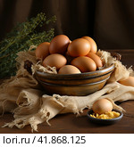 Chicken eggs on burlap, rustic still life  Generative AI. Стоковое AI-изображение, AI-художник Анна Кривицкая / Фотобанк Лори