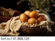 Chicken eggs on burlap, rustic still life  Generative AI. Стоковое AI-изображение, AI-художник Анна Кривицкая / Фотобанк Лори