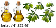 Big olive oil set isolated on white background. Green berries and bottles. Стоковое фото, фотограф Катерина Ковалева / Фотобанк Лори