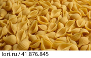 Conchiglie, Shells or Seashells Pasta Wallpaper. Spiral Raw Macaroni from Wheat flour rotating on Turntable. Close Up Top View. Uncooked Pasta Spinning. Full Frame. Food Background. Conchigliette. Стоковое видео, видеограф Марина Демидюк / Фотобанк Лори