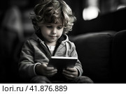 Children with gadgets, Alpha generation, Digital Aborigines - people born after the digital revolution and accustomed to gadgets from an early age. Стоковое AI-изображение, AI-художник Ирина Ручушкина / Фотобанк Лори