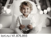 Children with gadgets, Alpha generation, Digital Aborigines - people born after the digital revolution and accustomed to gadgets from an early age. Стоковое AI-изображение, AI-художник Ирина Ручушкина / Фотобанк Лори