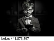 Children with gadgets, Alpha generation, Digital Aborigines - people born after the digital revolution and accustomed to gadgets from an early age. Стоковое AI-изображение, AI-художник Ирина Ручушкина / Фотобанк Лори