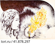 The girl at the candle with a fire elf. Painting ballpoint pen. Стоковая иллюстрация, иллюстратор Леонид Еремейчук / Фотобанк Лори