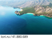 Aerial view of the coves with a sandy beach and turquoise water color. Стоковое фото, фотограф Виктория Тельминова / Фотобанк Лори