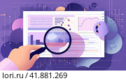 Hand with magnifying glass analyzing data on document. Стоковое AI-изображение, AI-художник Татьяна  Бральнина / Фотобанк Лори