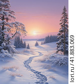 Winter landscape after sunset, pine trees covered with snow,  Generative AI. Стоковое AI-изображение, AI-художник Анна Кривицкая / Фотобанк Лори