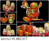 Семеновская матрешка и хохломская посуда. Яркая Хохлома, старинный русский народный промысел XVII века. Традиционные элементы Хохломы – красные сочные ягоды рябины и земляники. Фотоколлаж. Стоковое фото, фотограф Сергей Елизарьев / Фотобанк Лори