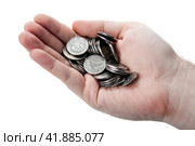 Stack of Russian coins in the palm of a man on a white background. Стоковое фото, фотограф Александр Калугин / Фотобанк Лори