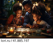 Dad and small African children are happy to prepare treats for the holiday. Generated by AI. Стоковое AI-изображение, AI-художник Ярославский Максим / Фотобанк Лори