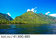 Поросший лесом горный берег Телецкого озера. Горный Алтай. Стоковое фото, фотограф Макаров Алексей / Фотобанк Лори