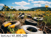 Old rusty tires are dumped among the grass. ,Generative AI. Стоковое AI-изображение, AI-художник Анна Кривицкая / Фотобанк Лори