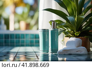 Tubes and jars of skin care and tanning products are located near the pool. The concept of skin care. Generated by AI. Стоковое AI-изображение, AI-художник Ярославский Максим / Фотобанк Лори