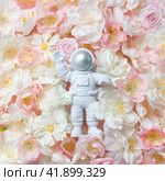 Astronaut and pink floral background. Square greeting banner. Selective focus. Стоковое фото, фотограф Клара Мухаметзянова / Фотобанк Лори