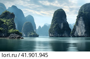 Beautiful view of the sea bay with karst limestone islets and cliffs on a cloudy day. Стоковое AI-изображение, AI-художник Евгений Харитонов / Фотобанк Лори
