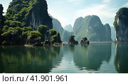Beautiful landscape of tropical coast with karst limestone islets and cliffs. Стоковое AI-изображение, AI-художник Евгений Харитонов / Фотобанк Лори