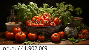 Juicy tomatoes nestled among lush green basil leaves.Generative AI. Стоковое AI-изображение, AI-художник Анна Кривицкая / Фотобанк Лори