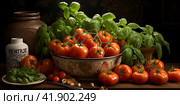 Juicy tomatoes nestled among lush green basil leaves.Generative AI. Стоковое AI-изображение, AI-художник Анна Кривицкая / Фотобанк Лори