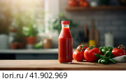 A bottle of tomato juice and ripe tomatoes on the table. Стоковое AI-изображение, AI-художник Margarita Davchenko / Фотобанк Лори