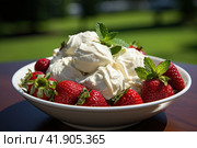 Fresh strawberries in the yoghurt or cream. Delicious strawberries with whipped cream served on light grey table. Стоковое AI-изображение, AI-художник Ирина Михайличенко / Фотобанк Лори