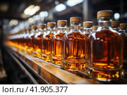 Automatic production line fills glass bottles with cognac. Стоковое AI-изображение, AI-художник Ирина Михайличенко / Фотобанк Лори