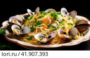 Spaghetti alle vongole with tomato in seafood jus served as close-up at a Nordic design bowl with copy space. Стоковое AI-изображение, AI-художник Ирина Ручушкина / Фотобанк Лори