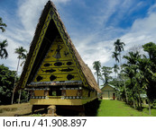 Aimeliik, Palau - July 4, 2017. The traditional Palauan men's house or bai in the state of Aimeliik. Sunny daylight view. Традиционный дом мужского клуба на Палау. Стоковое фото, фотограф Александр Кузнецов / Фотобанк Лори