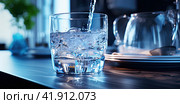 The water from the filter is collected in a transparent glass with ice. The concept of osmotic water purification. Стоковое AI-изображение, AI-художник Ярославский Максим / Фотобанк Лори