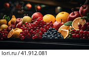 Fresh ripe fruits on the refrigerated storefront. The concept of fruit freshness. Стоковое AI-изображение, AI-художник Ярославский Максим / Фотобанк Лори