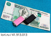 Коллаж защита информации. Два USB-флеш-накопителя на фоне денег. Стоковое фото, фотограф Елена Бобкова / Фотобанк Лори