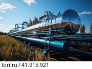 Hydrogen pipe with gauge on a background of H2 factory using renewable energy. Green hydrogen production concept. Стоковое AI-изображение, AI-художник Ирина Михайличенко / Фотобанк Лори