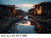 Income inequality, a view of a slum with dilapidated shanty houses. Poor people concept. Стоковое AI-изображение, AI-художник Ирина Михайличенко / Фотобанк Лори
