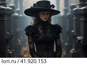 Woman in mourning dress and hat in a cemetery,Generative AI. Стоковое AI-изображение, AI-художник Анна Кривицкая / Фотобанк Лори