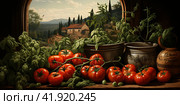 Juicy tomatoes nestled among lush green basil leaves.Generative AI. Стоковое AI-изображение, AI-художник Анна Кривицкая / Фотобанк Лори