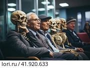 Skeletons sitting in a waiting room. Hospital, clinic, dental office. Waiting kills. Стоковое AI-изображение, AI-художник Ирина Михайличенко / Фотобанк Лори